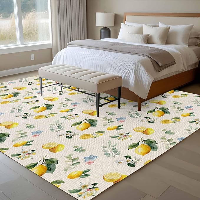 Area Rug 8x10ft, Country Lemon Flower Leaf Washable Rugs for Living Room Bedroom, Pastoral Fruit Plant Vintage Linen Soft Non-Slip Area Rugs Rectangle Floor Carpet for Dining Room