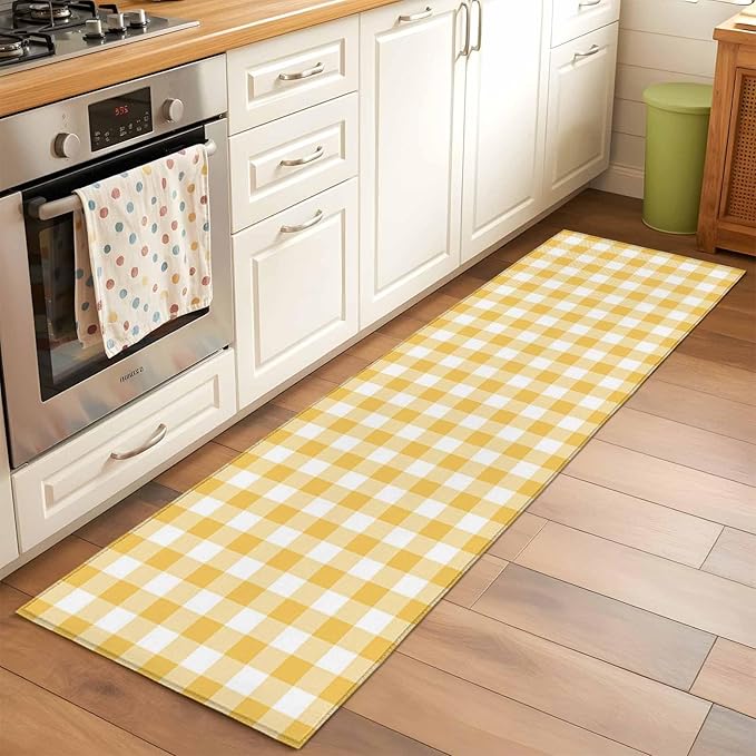 Runner Rug for Bedroom Hallway, Rustic Country Yellow and White Buffalo Lattice Checked Kitchen Runner Rugs Area Rug 2x6ft, Farm Style Washable Soft Floor Carpet for Entryway Stair