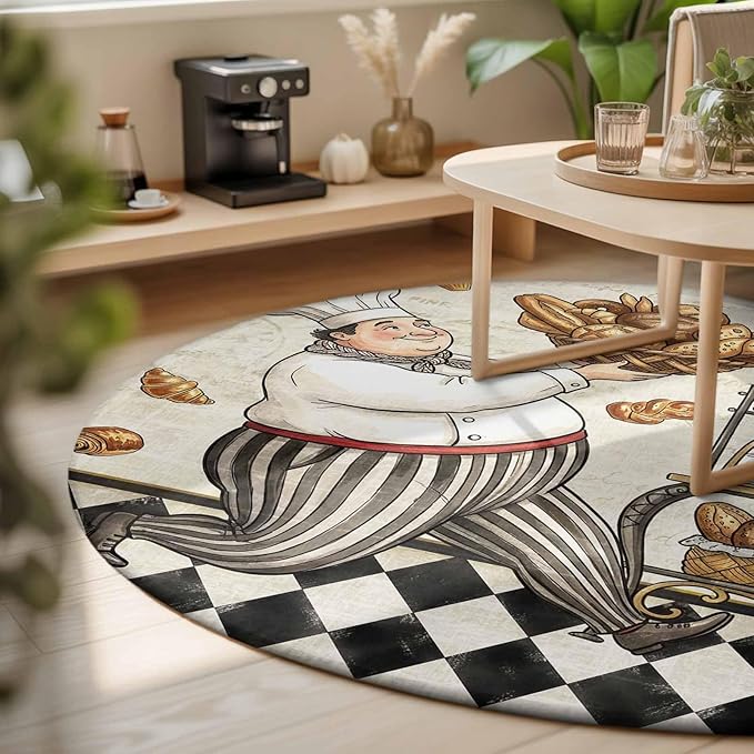 Washable Round Area Rug Farmhouse Kitchen Baker Bread Circle Rugs Floor Carpet for Living Room Bedroom, Vintage Black Plaid Soft Non Slip Round Rug 3ft