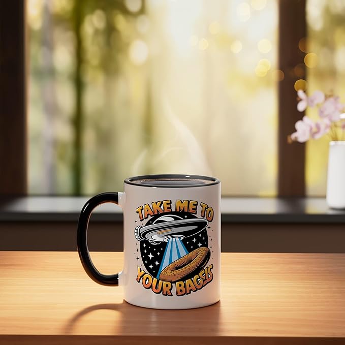Take Me to Your Bagels UFO Abduction Jewish Funny Bagel Ceramic Mug, Black/White