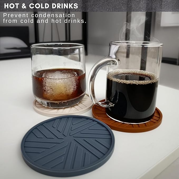 Silicone Coasters for Drinks -Set of 6 - with smart, Modern, Groove Patterns & Gold Holder - Protection Your Vintage Coffee Table from Condensation Cups, Home Office Decor