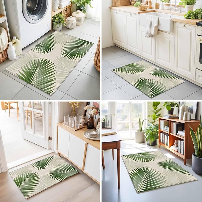 Area Rug 2x3ft, Rustic Sage Green Palm Leaves on Linen Washable Rugs for Living Room Bedroom, Summer Plants Soft Non-Slip Area Rugs Rectangle Floor Carpet for Dining Room
