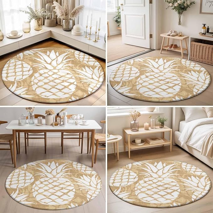 Washable Round Area Rug Summer Fruit Pineapple Circle Rugs Floor Carpet for Living Room Bedroom, Rustic Vintage Tropical Leaves Soft Non Slip Round Rug 5ft