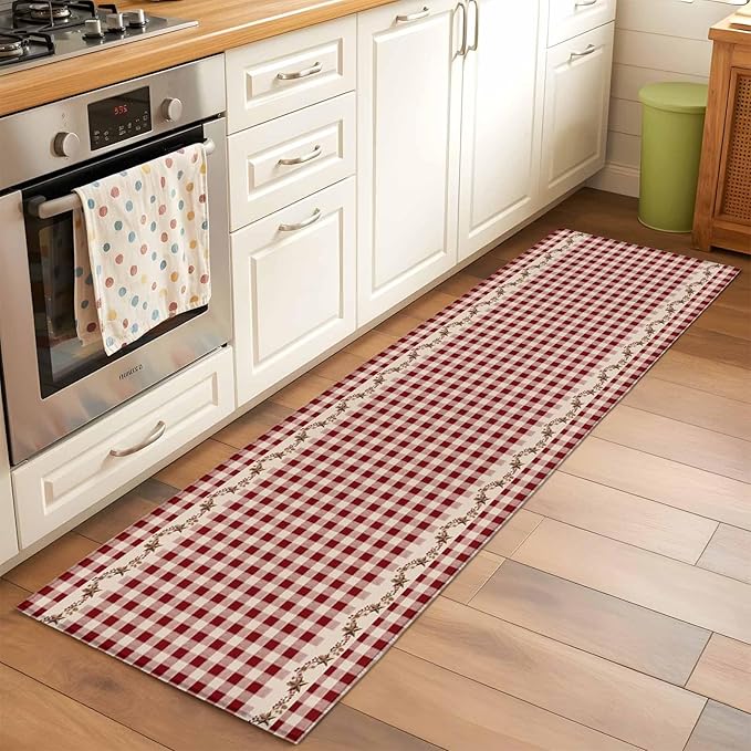 Runner Rug for Bedroom Hallway, Vintage Red Buffalo Plaid Berry Kitchen Runner Rugs Area Rug 2x6ft, Farmhouse Western Star Washable Soft Floor Carpet for Entryway Stair