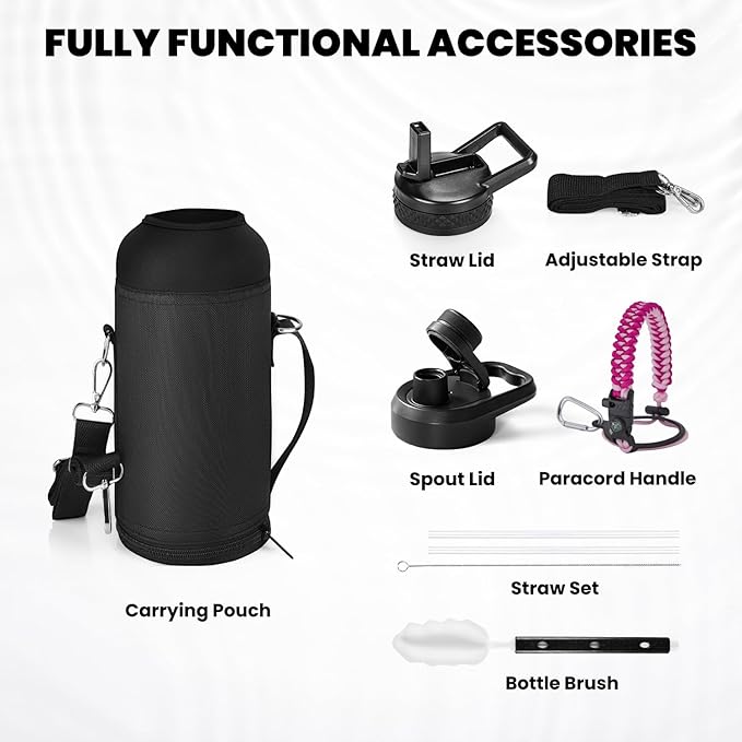 RAYMYLO Insulated Water Bottle 32 oz, Triple Wall Vacuum Stainless Steel (Cold for 24Hrs, Hot for 12Hrs), Leak Proof & Non-BPA, Modern Water Flask Jug with Paracord Handle & Straw Spout Lids