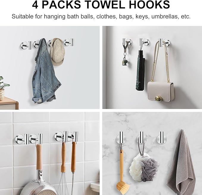 SetSail Towel Hooks for Bathrooms 4 Packs Screw-in Bathroom Towel Hook Wall Mounted Stainless Steel Shower Towel Hooks for Coat Hanging, Mirror Silver