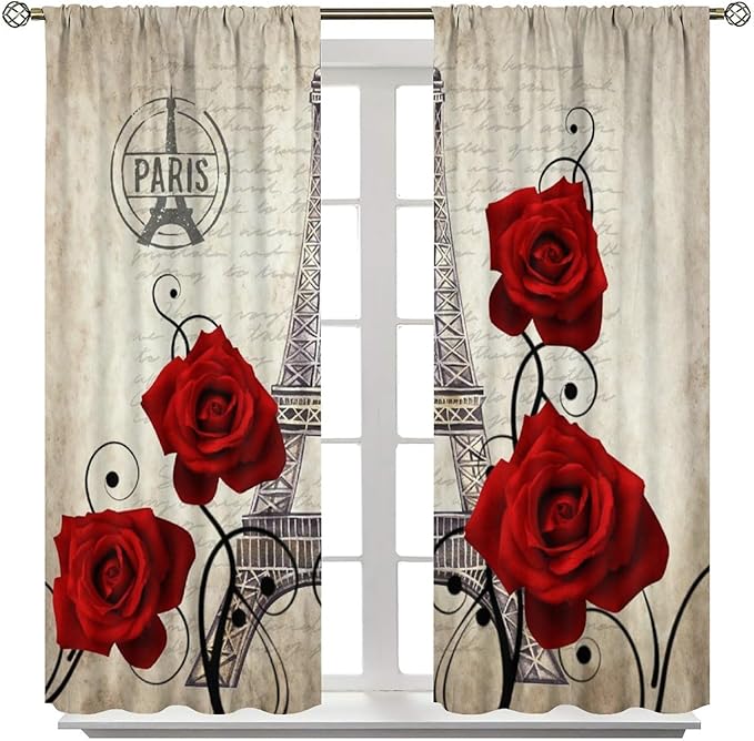 Eiffel Tower Blackout Curtain,Vintage France Paris Red Rose Floral Stamp Romantic Window Curtains for Bedroom Cafe DiningRoom Office Living Room Kitchen Drapes Decor,42x45 in