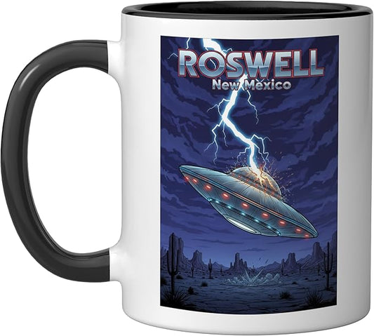 Roswell UFO Flying Saucer New Mexico Souvenir Lightning Ceramic Mug, Black/White