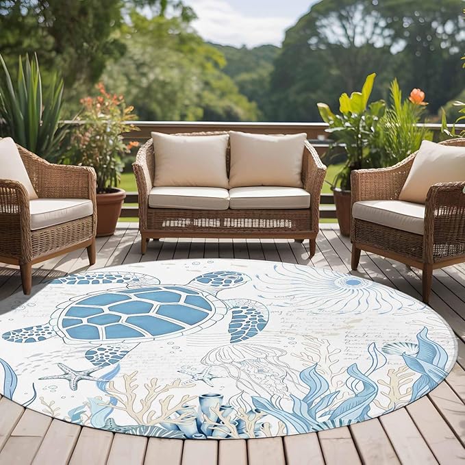 Washable Round Area Rug Blue Sea Turtles Stars Corals Circle Rugs Floor Carpet for Living Room Bedroom, Vintage Marine Life Soft Non Slip Round Rug 5ft