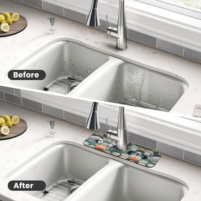 White Tropical Fish Printed Faucet Absorbent mat, Suitable for bathrooms, Kitchens, and Other Sink Areas.