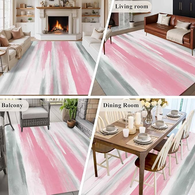 Area Rug 6x9ft, Pink Grey Mottled Texture Seamless Washable Rugs for Living Room Bedroom, Gradient Abstract Art Soft Non-Slip Area Rugs Rectangle Floor Carpet for Dining Room