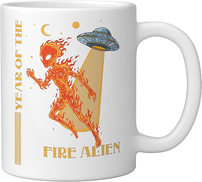 Year of the Fire Alien Chinese Zodiac Celestial Astrology Ceramic Mug, White