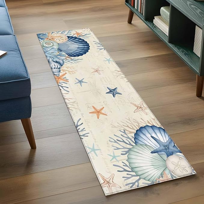 Runner Rug for Bedroom Hallway, Summer Blue Shells Starfish Kitchen Runner Rugs Area Rug 2x6ft, Vintage Coral Shells Fish Washable Soft Floor Carpet for Entryway Stair
