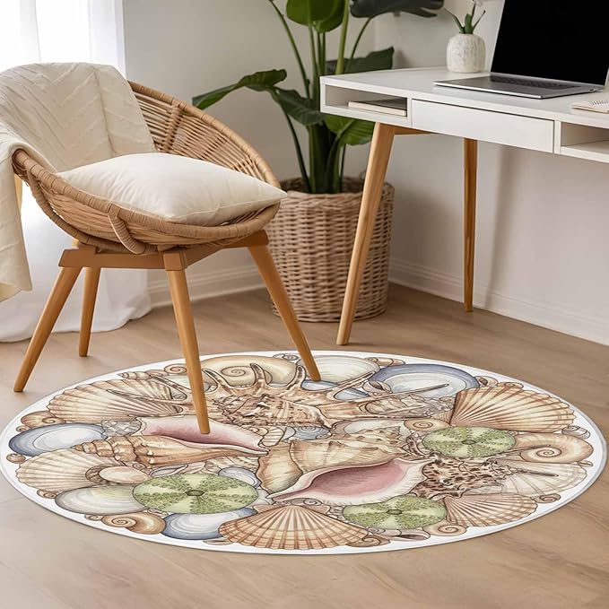 Washable Round Area Rug Coastal Colorful Shell Conch Circle Rugs Floor Carpet for Living Room Bedroom, Modern Abstract Art Soft Non Slip Round Rug 4ft