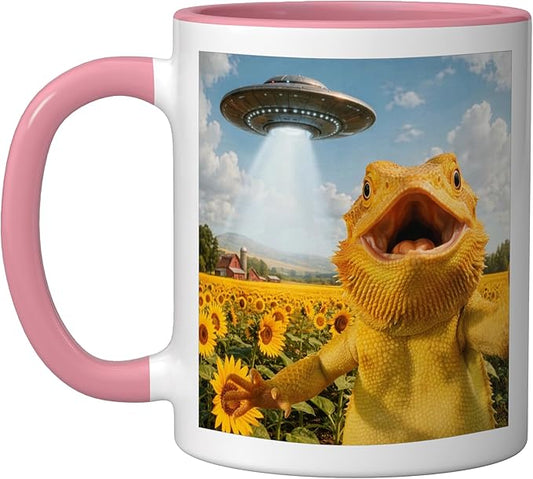 Funny Bearded Dragon Selfie with Alien UFO Ceramic Mug, Pink/White