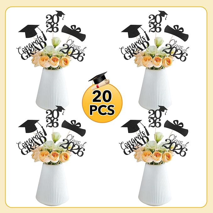 Graduation Decorations 2026, 20 PCS Sparkling Black Double-Sided Centerpiece Sticks for Tables, Class of 2026 Table Toppers and Party Supplies