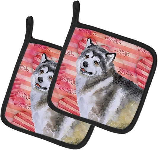 Caroline's Treasures BB9725PTHD Alaskan Malamute Love Pair of Pot Holders, Red Kitchen Heat Resistant Pot Holders Sets Oven Hot Pads for Cooking Baking BBQ, 7 1/2 x 7 1/2