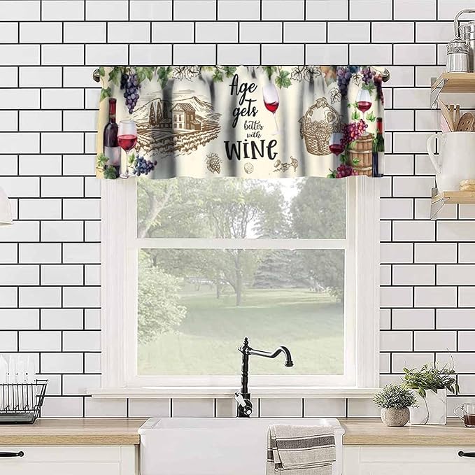 Rustic Wine Kitchen Valance, Vintage Vineyard Grapevine Wineglass Farmhouse Decor Short Window Drapes for Bedroom Living Room Home Bar Decoration, 54x18Inch