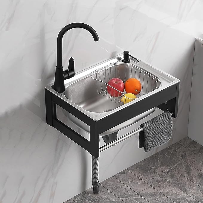 Stainless Steel Sink for Washing with Faucet, Commercial Wall Mount Hand Basin for Restaurant, Kitchen and Home, 1 Compartment, Outdoor Sink Indoor Laundry (500x400x210mm