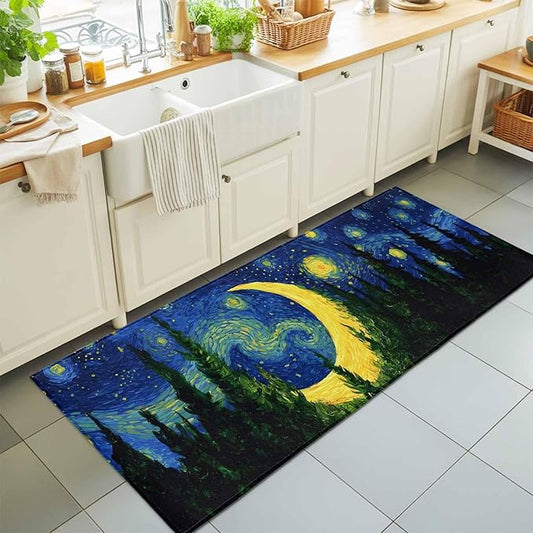Runner Rug for Bedroom Hallway, Giant Moon Forest Expressionist Art Kitchen Runner Rugs Area Rug 2x6ft, Dreamy Night Navy Blue Washable Soft Floor Carpet for Entryway Stair