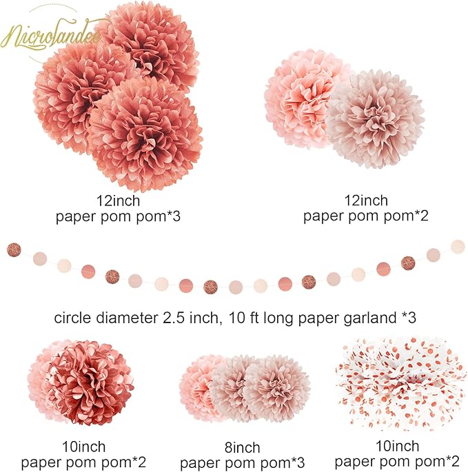 NICROLANDEE Rose Gold Wedding Decorations - 15 PCS Tissue Paper Pom Poms for Engagement Party Wedding Birthday Bridal Shower Bachelorette Dot Paper Garlands Rose Gold Valentines Party Backdrop Decor