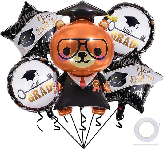Graduation Foil Balloons 36 Inch Bear Doctor Congratulations Grad Mylar Balloons Class of 2025 College High School Graduation Party Decorations Supplies 5Pcs
