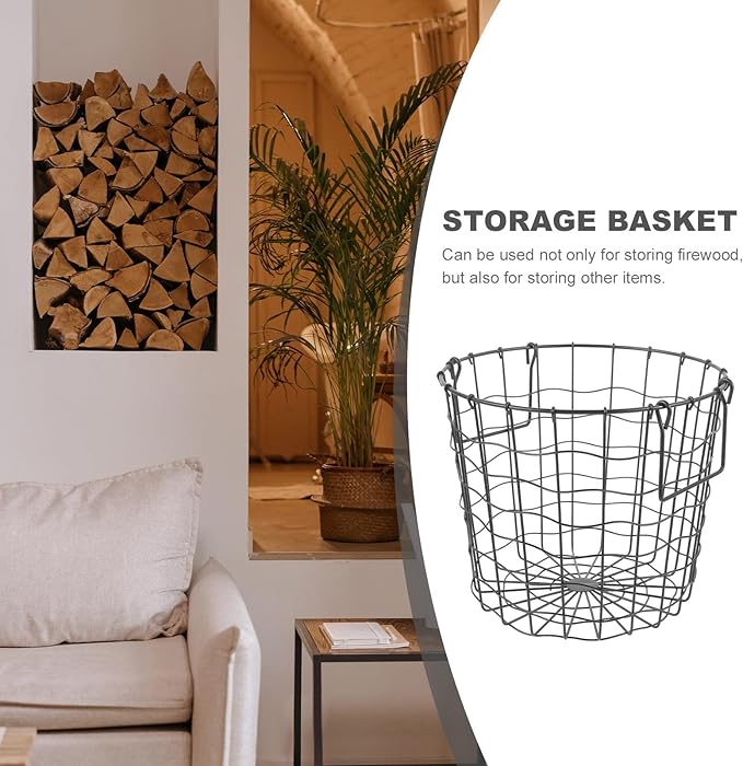 Metal Firewood Organizer Basket with Handle, Outdoor Black Iron Logging Storage Basket for Camping and Fireplace Wood Holder