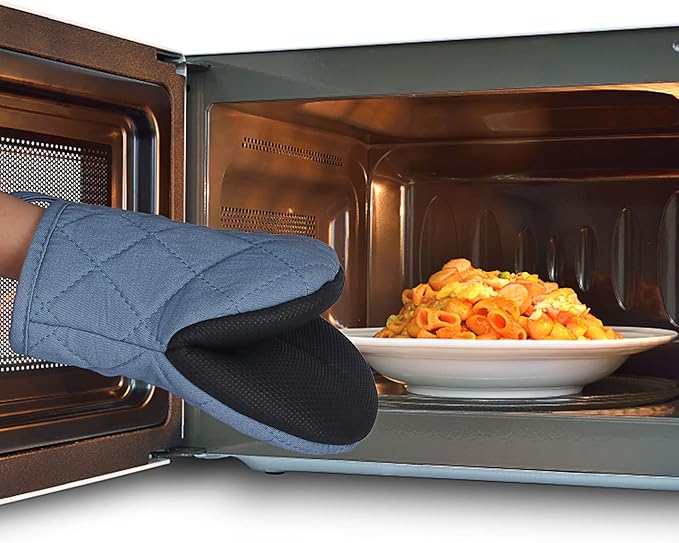 Short Oven Mitts, Heat Resistant 500°F, Silicone Grip Kitchen Gloves, Non-Slip for Baking, Grilling, BBQ, Machine Washable with Hanging Loop, 2-Pack Set, Sky Blue