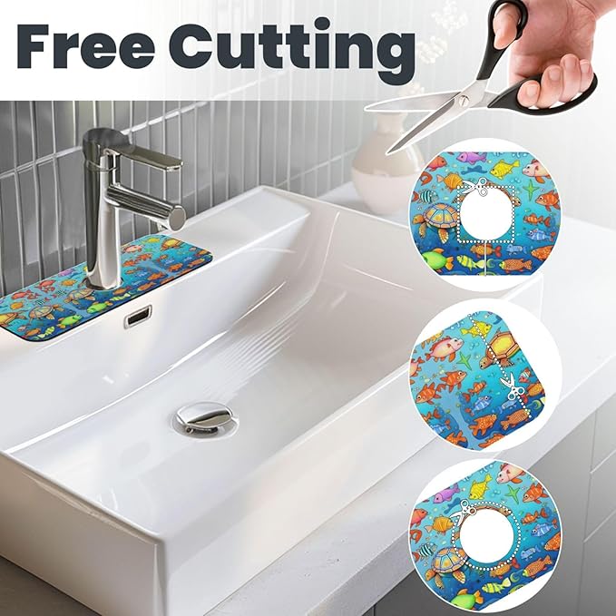 Turtle and Fish Printed Faucet Absorbent mat, Suitable for bathrooms, Kitchens, and Other Sink Areas.