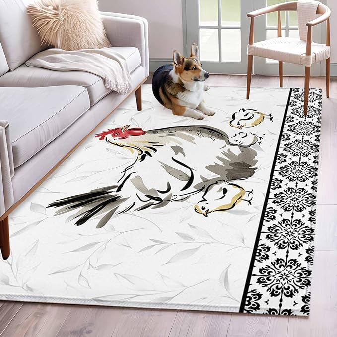 Area Rug 3x5ft, Country Farmhouse Rooster Washable Rugs for Living Room Bedroom, Watercolor Animal Flower Pattern Soft Non-Slip Area Rugs Rectangle Floor Carpet for Dining Room