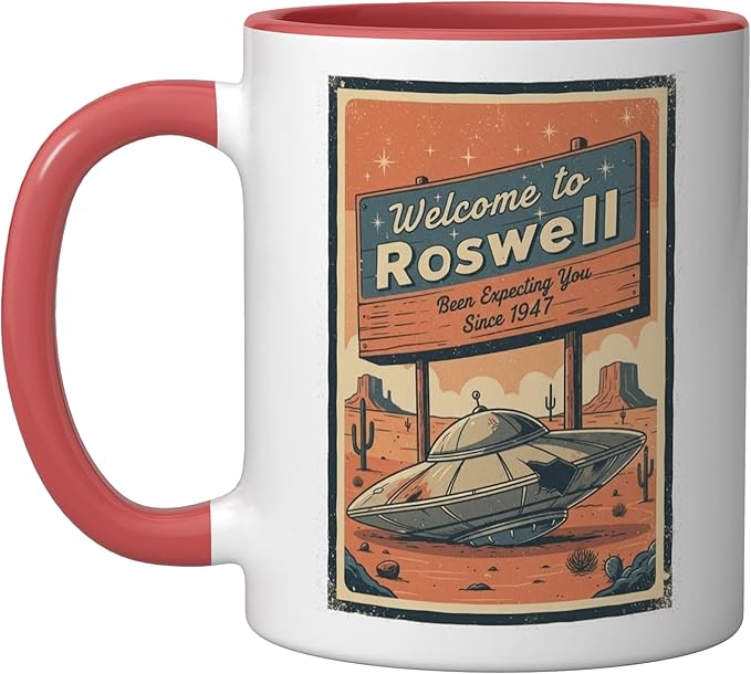 Roswell UFO Retro Tourism Souvenir Flying Saucer Crash Alien Ceramic Mug, Red/White