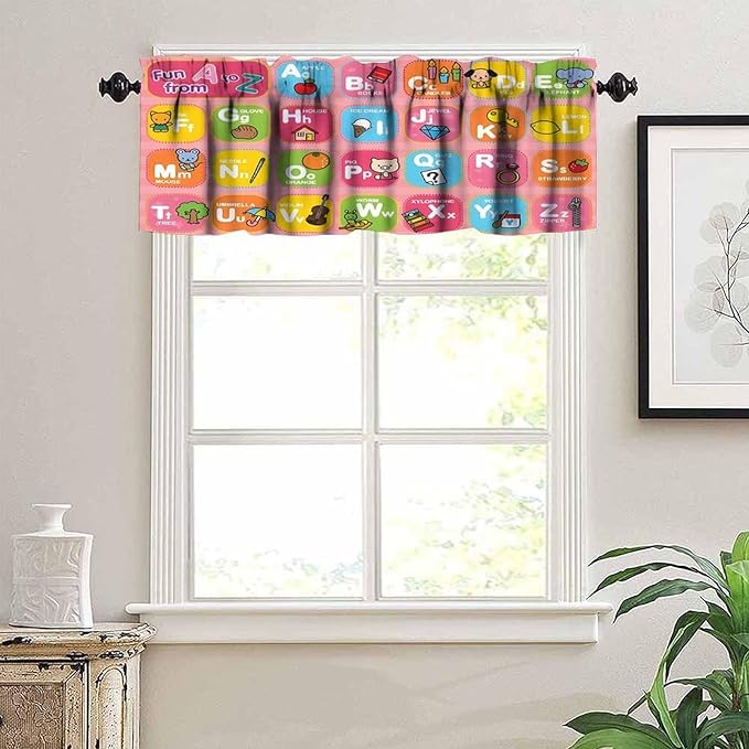 ABC Valance Curtain, Cute Pink Educational Alphabet A to Z Kids Boys Girls Window Treatment for Kitchen Bedroom Nursery Classroom, 54x18Inch