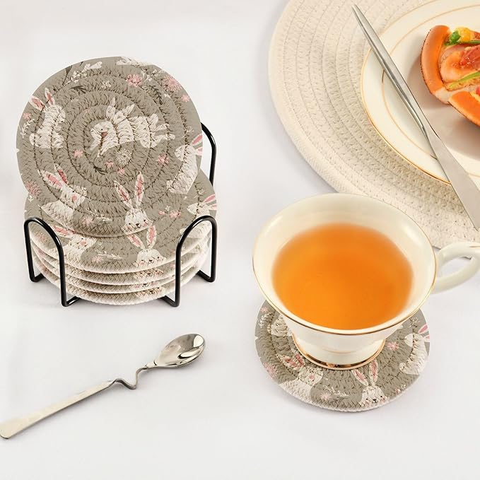 YETTASBIN Cute Bunny 6 Pcs Drink Coasters with Holder, Cotton Woven Absorbent Heat-Resistant Round Coaster Non-Slip Table Mat for Kitchen Bar Home Decor Housewarming Gift, 3.9 in