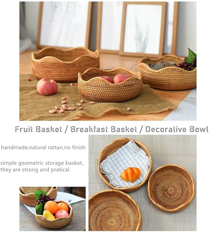 Handmade Rattan Round Fruit Basket Food Storage Bowls Kitchen Organizer Snack Serving Bowl Wavy Edge Circle Tray Basket, Boho Home Décor Display Tray for Coffee Table, Dining Room (Small 8.7")