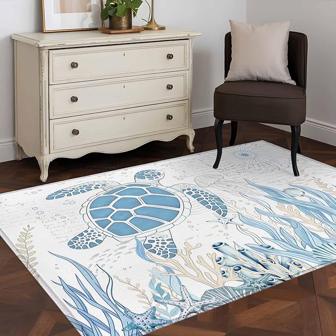 Area Rug 4x6ft, Blue Sea Turtles Stars Corals Washable Rugs for Living Room Bedroom, Vintage Marine Life Soft Non-Slip Area Rugs Rectangle Floor Carpet for Dining Room