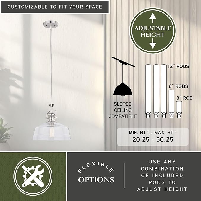 VAXCEL Beloit 1 Light Mini Pendant for Kitchen Island, Farmhouse Style Mounted Ceiling Lighting, Satin Nickel Finish, Clear Glass