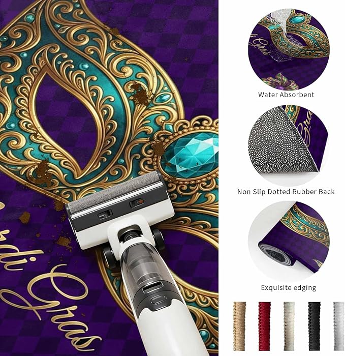 Runner Rug for Bedroom Hallway, Mardi Gras Mask Purple Plaid Kitchen Runner Rugs Area Rug 2x6ft, Abstract Blossom Floral Washable Soft Floor Carpet for Entryway Stair