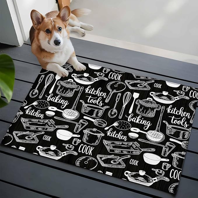 Black Kitchen Tools 2x3 Door Mat Rug, Modern Cooking Utensil Non-Skid Rubber Backing Large Rectangle Rugs - Living Room Bedroom Home Office, Farmhouse Cookware Indoor Floor Mat Carpets Washable Rug
