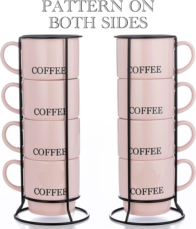 Signature Housewares Stackable Coffee Mug Tower Set with Metal Wire Rack - 15 Ounce Coffee Mugs for Coffee, Tea, Cocoa, Milk, Cappuccino, Hot Chocolate Set of 4 - Pink Coffee