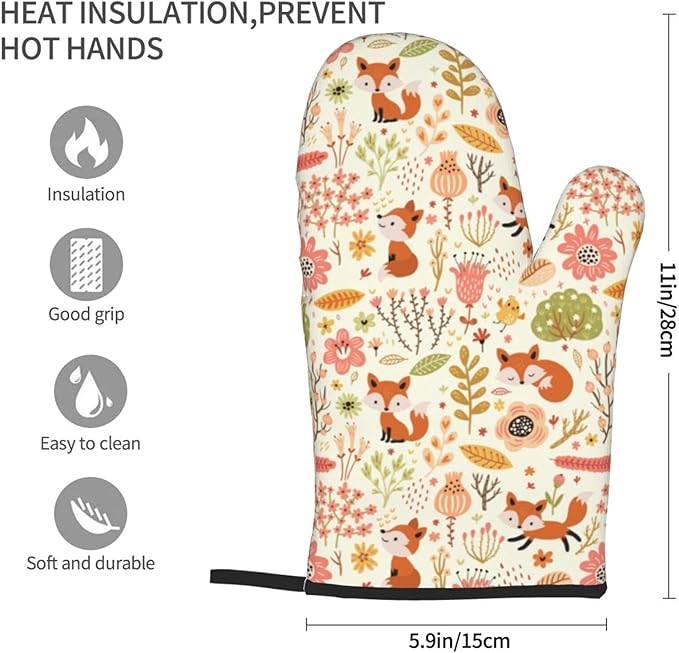 Cute Fox Pattern Oven Mitts of 2-Pack Set, Funny Kitchen Gloves Heat Resistant Non-Slip Kitchen Mitts Safe Cooking Baking Grilling