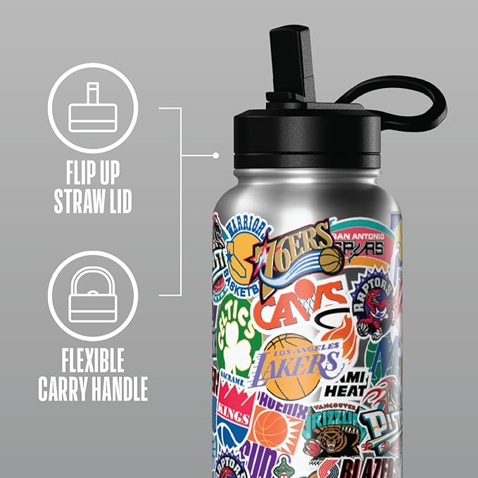 Hydrapeak x NBA Officially Licensed All Team Sticker Print 32 oz Insulated Water Bottle with Straw Lid and Handle Hardwood Classics Retro