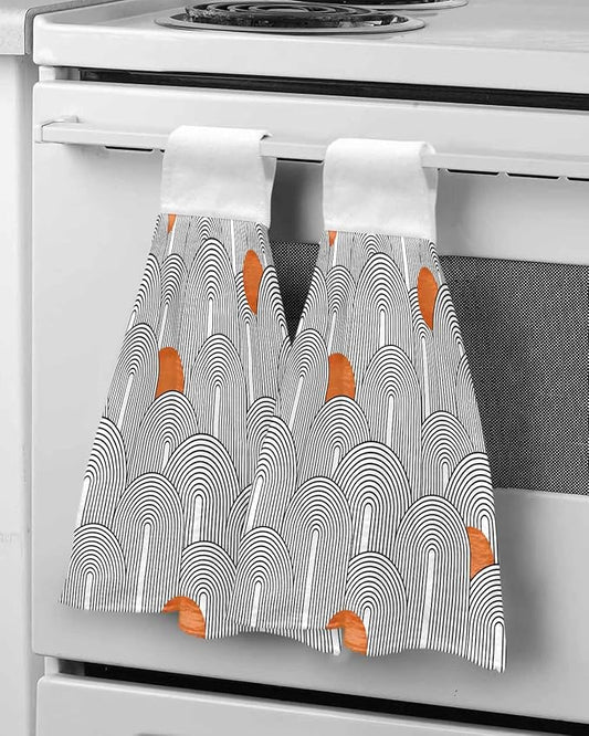 Alandar Home Kitchen Tie Towel Set of 2, Boho Abstract Black White Rounds Stripes Absorbent Soft Hand Towels for Bathroom Hanging Towels, Orange Polka Dots Fast Drying Cleaning Cloth with Loop