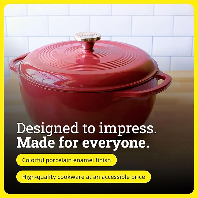 Lodge Essential Enamel Cast Iron Dutch Oven - Perfect for Bread Baking, Braising, Marinating & Slow Cooking - Features Moisture-Sealing Lid & Dual Handles - Kitchen Essentials - 6 Quarts - Cranberry