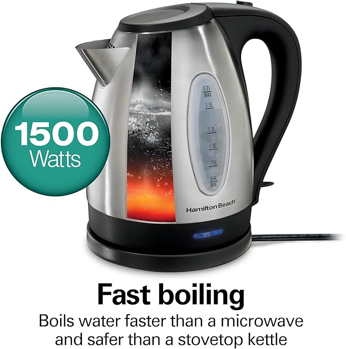 Hamilton Beach Electric Tea Kettle,Water Boiler & Heater,1.7 Liter,Cordless Serving,1500 Watts for Fast Boiling,Auto-Shutoff and Boil-Dry Protection,Stainless Steel (40880),(Pack of 2)