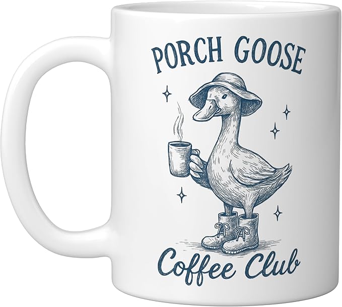 Porch Goose Coffee Club Funny Silly Goose Coffee Lover Ceramic Mug, White