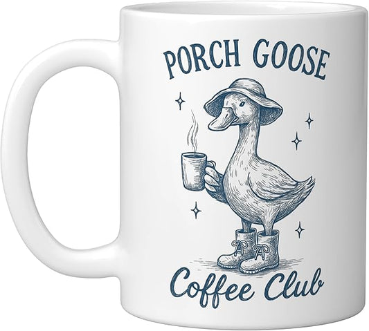Porch Goose Coffee Club Funny Silly Goose Coffee Lover Ceramic Mug, White