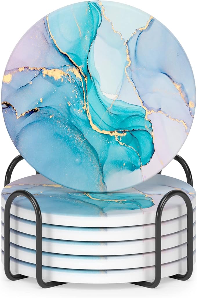 Nipichsha Coasters for Drinks, Set of 6 Cute Absorbent Ceramic Drink Coasters for Cup with Holder and Cork Base, Kitchen Home Decor Housewarming Gift, Round 4 in, Colorful Marble