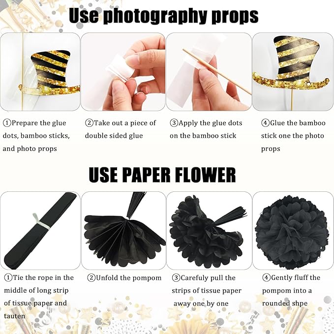2026 New Years Decorations, Happy New Years Banner and Black Gold Balloons Set, Photo Props and Hanging Swirls, Paper Pompoms, Black and Gold Circle Dot Garland, Eve Party Supplies 2026