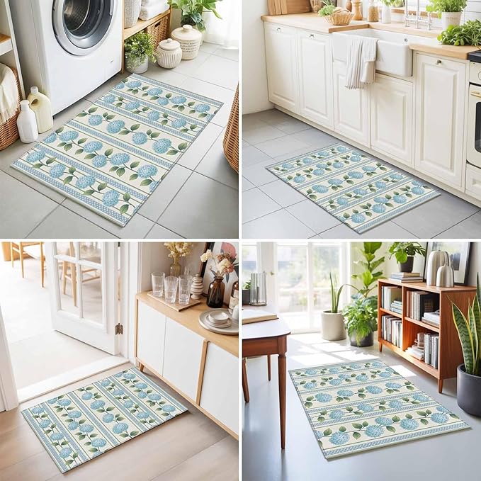 Area Rug 2x3ft, Spring Blue Flower Hydrangea Leaf Washable Rugs for Living Room Bedroom, Floral Stripes on Linen Soft Non-Slip Area Rugs Rectangle Floor Carpet for Dining Room