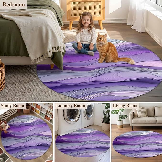 Washable Round Area Rug Abstract Art Purple Gray Wave Circle Rugs Floor Carpet for Living Room Bedroom, Vintage Marble Texture Soft Non Slip Round Rug 3ft